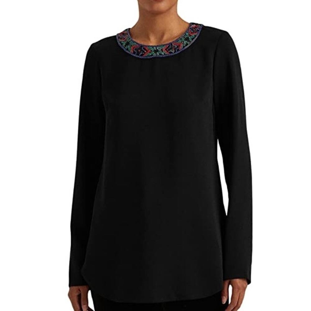 Lauren Ralph Lauren Beaded Georgette Blouse In Black Sz 1X